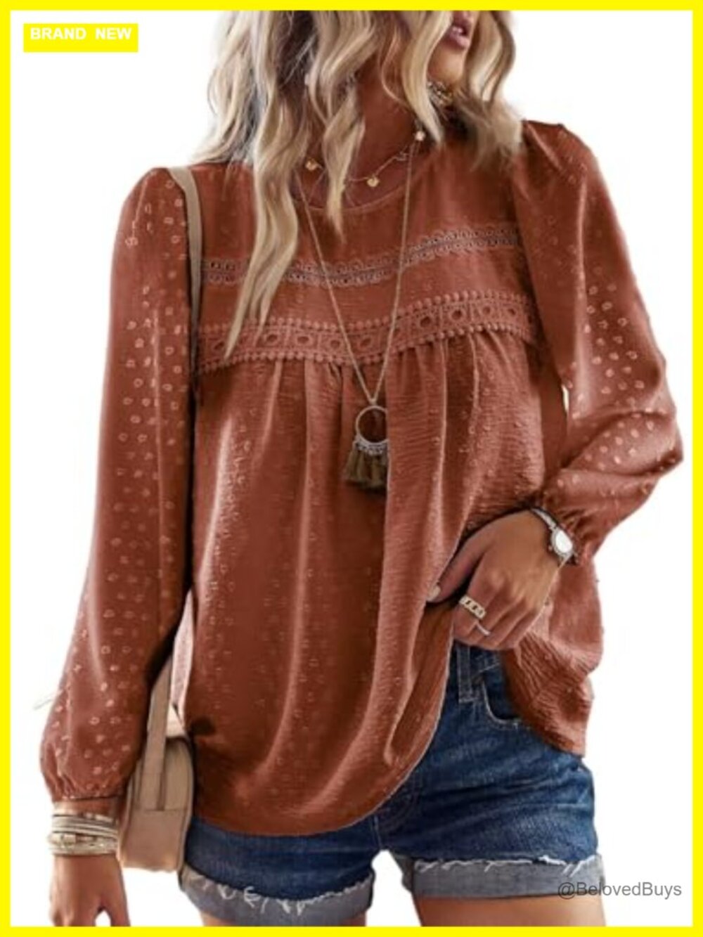 Womens Long Sleeve Crochet Lace Blouse Boho Peasant Top